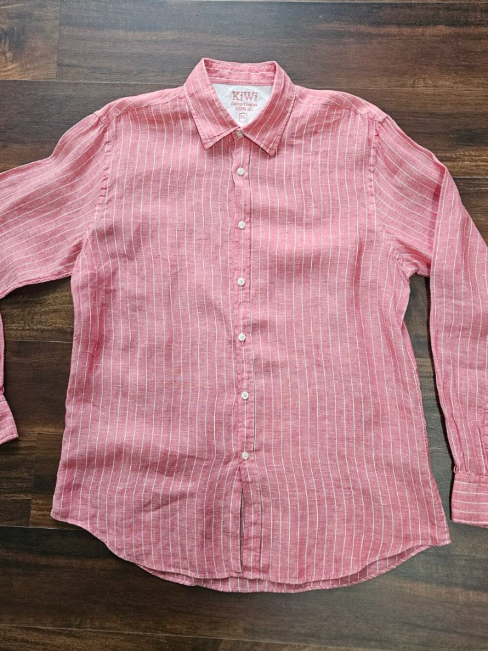 Kiwi Saint Tropez 100% Linen Shirt Resort Casual XL Pink White Stripe